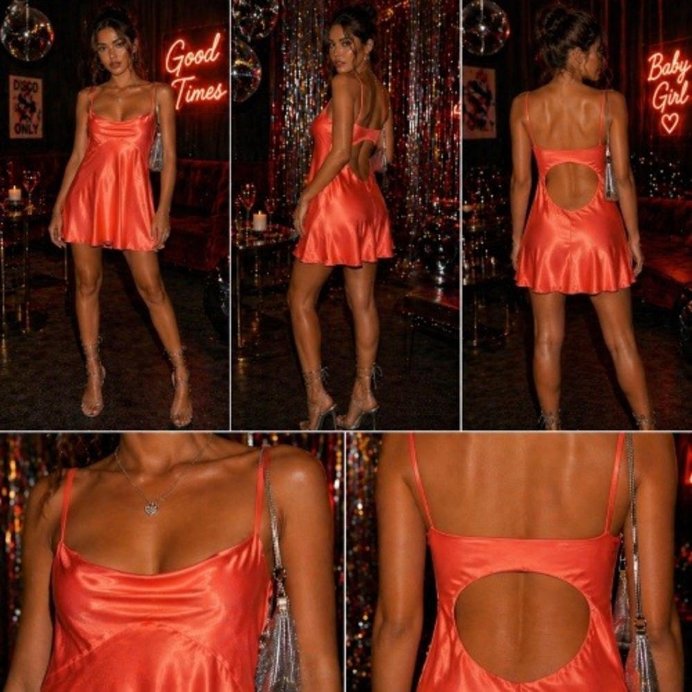 Anthropologie‎ Satin Slip Dress Mini Bias Cut Red Orange Back Cutout Strappy Y2k